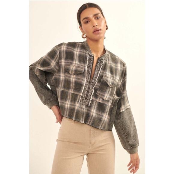 NWT Promesa Rustic Soul Denim and Plaid Half-Zip Top Black Sz XL Boho Western - Picture 2 of 14